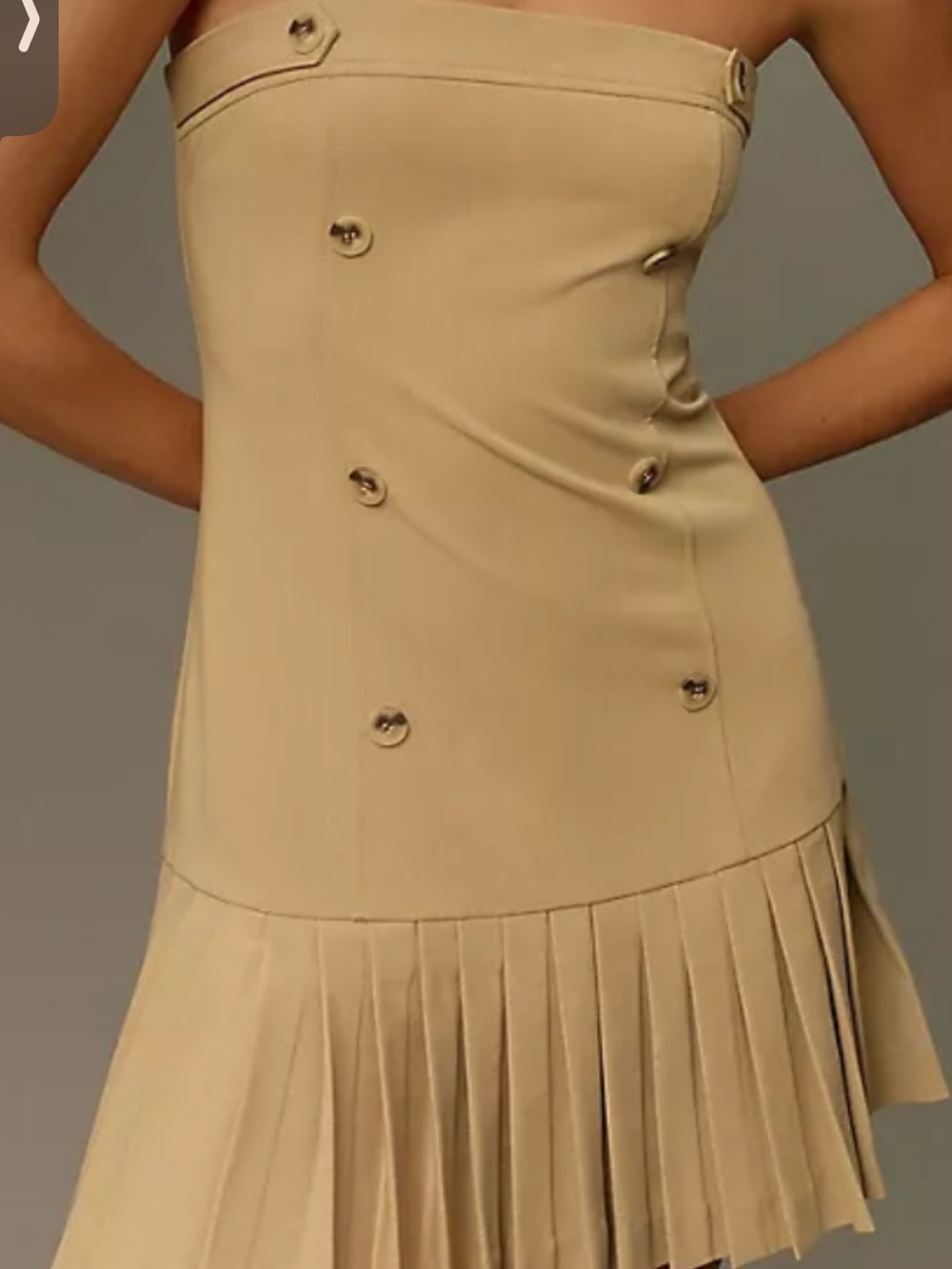 Maeve Strapless Button-Accent Pleated Hem Dress in Beige